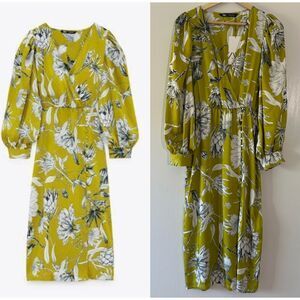 Zara Womens Floral Printed Satin Midi Long Sleeve Green Silky Dress Size XS‎ NWT